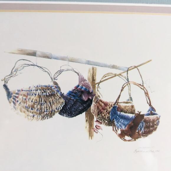Vintage 1987 Signed Cynthia Hiatt Poole Farmhouse Baskets 15x12" Framed Print - Picture 3 of 7